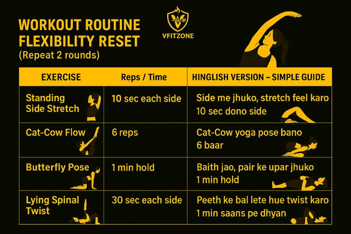 Infographic showing six flexibility exercises with English and Hinglish instructions for Day 15 of the VfitZone 365 Days Challenge. The poses include stretches like side bends, seated fold, butterfly flutter, and legs-up wall.