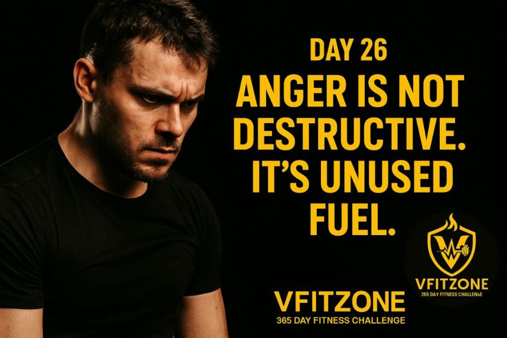 Focused man channeling inner anger into movement – Day 26 VfitZone emotional fitness challenge