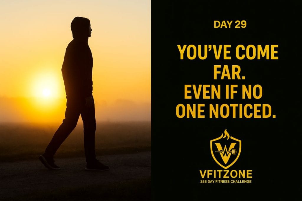 Person walking calmly with sunrise behind them, symbolizing silent growth – Day 29 VfitZone challenge