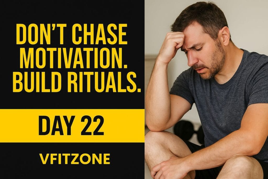 Man tired but still showing up for home workout – symbol of discipline over motivation – VfitZone Day 22