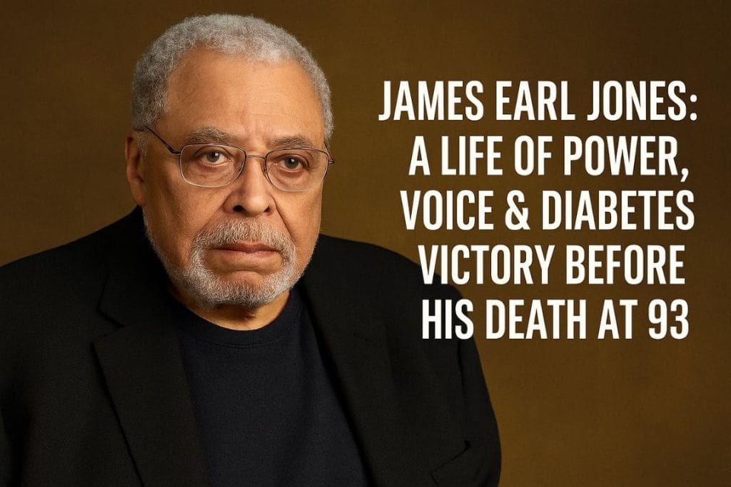 James Earl Jones portrait with headline about his diabetes journey and death at age 93