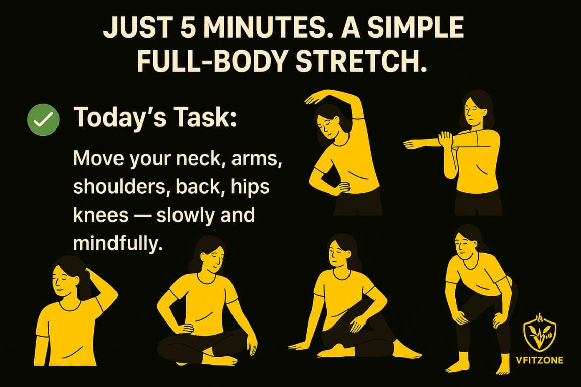 Illustrated guide showing six simple full-body stretch exercises for Day 1 of the VfitZone 365 Days Fitness Challenge