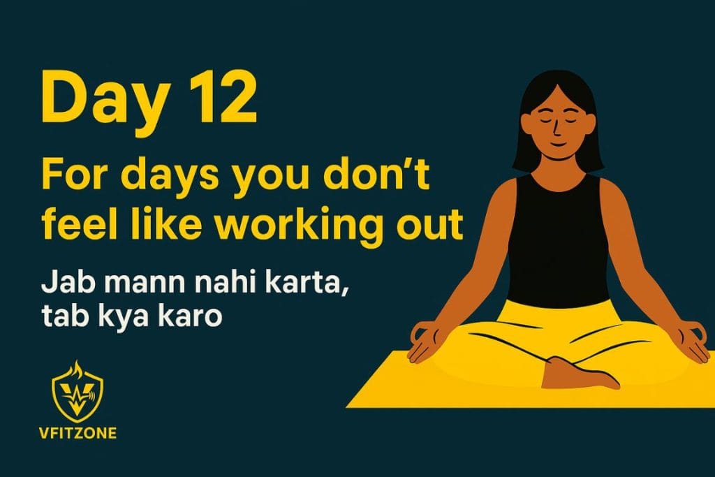 Digital artwork showing a person in relaxed yoga/stretch posture during a recovery day, aligned with VfitZone's 365 Days Challenge. Designed to convey calmness, consistency, and self-care.