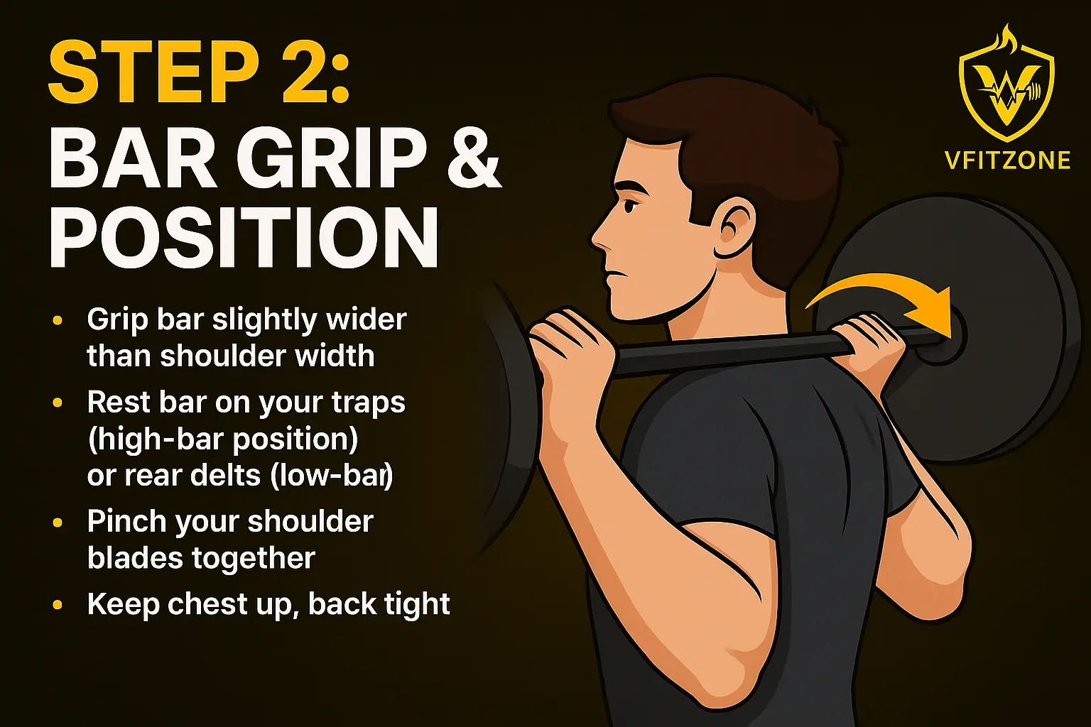How to Do Barbell Squats with Proper Form β Step-by-Step VfitZone Guide 2 Step 2 Bar Grip & Position