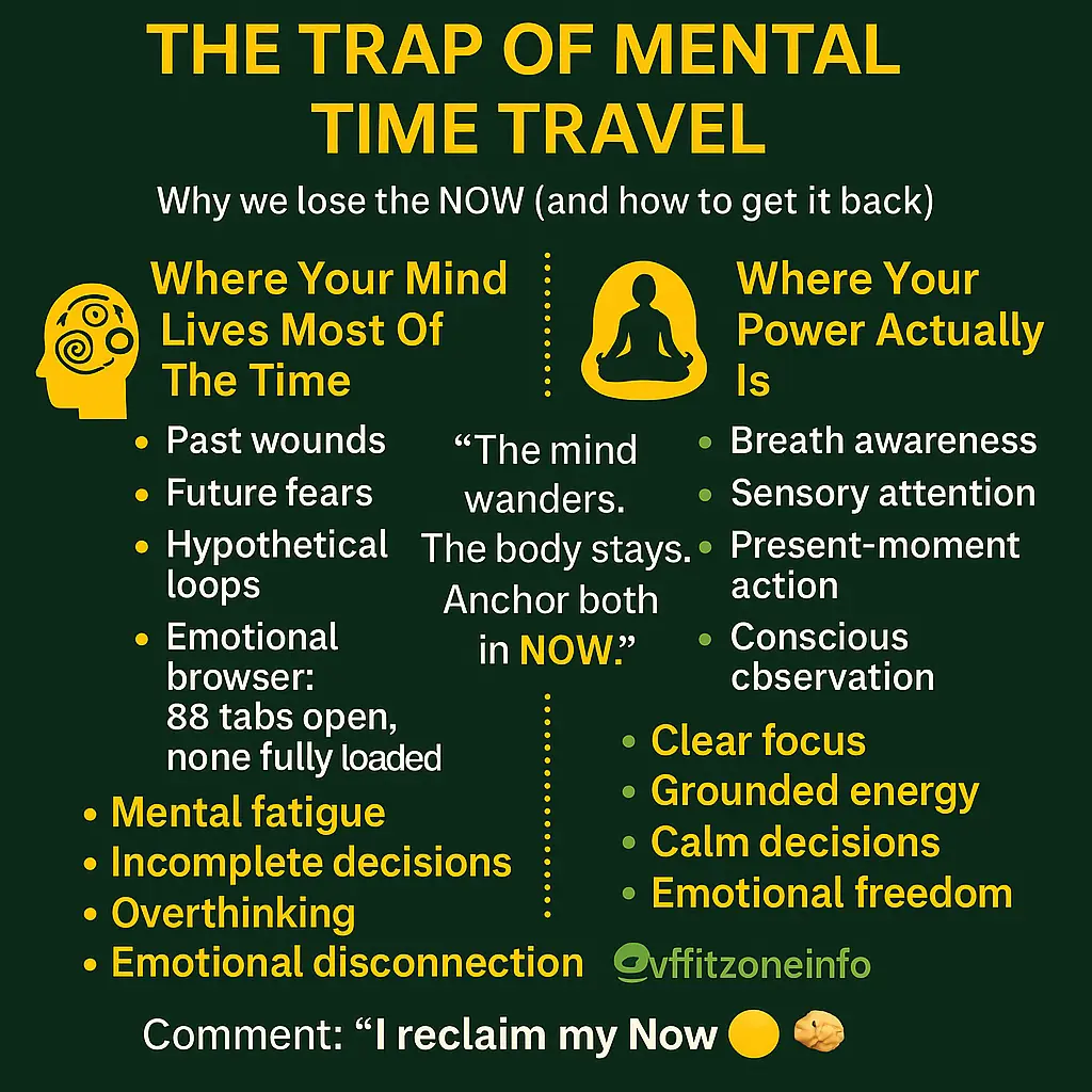 Infographic from VfitZone Day 48 showing the trap of mental time travel, comparing overthinking in the past/future versus mindfulness in the present moment